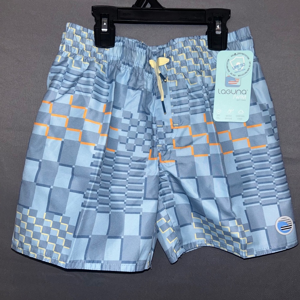 Laguna Swim Boys Blue Geometric Checkered‎ Board Shorts UPF 50+ NWT Size 8